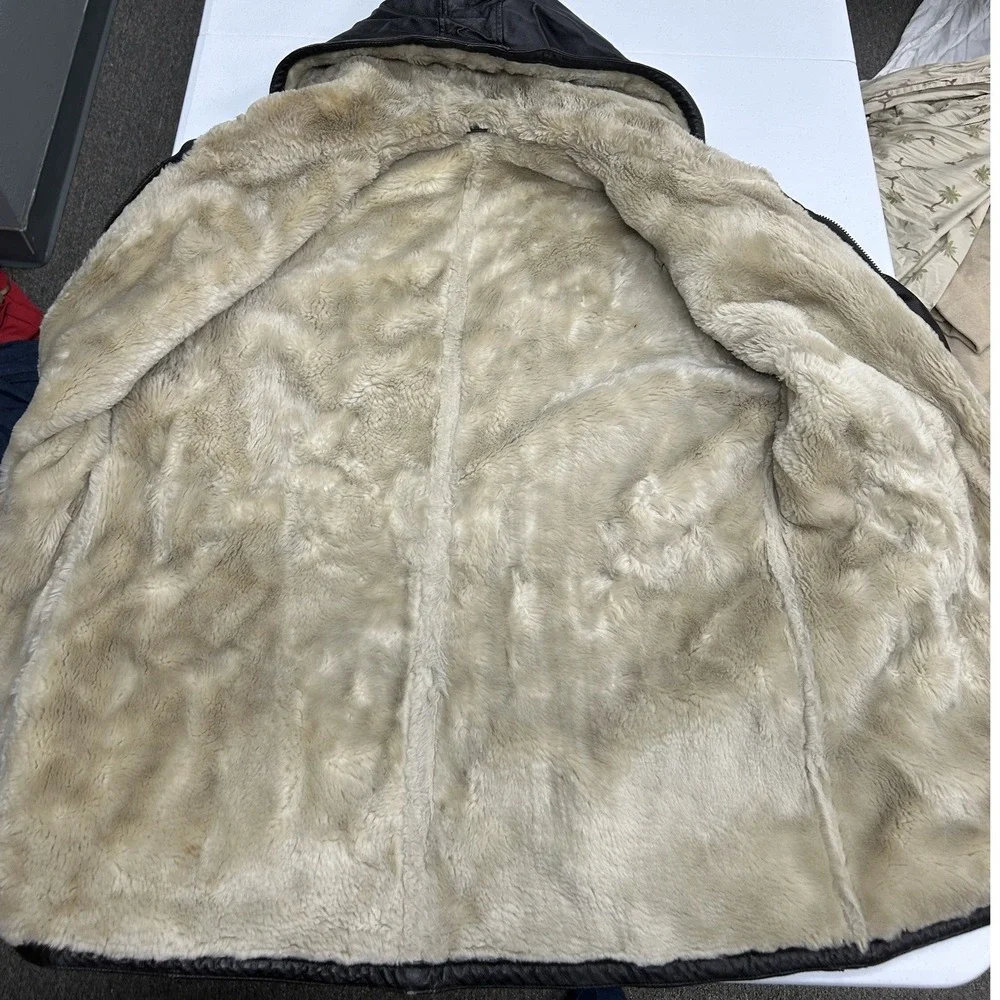Unbranded Leather Parka Jacket Mens Large Brown Faux Fur Lined Hooded Belted